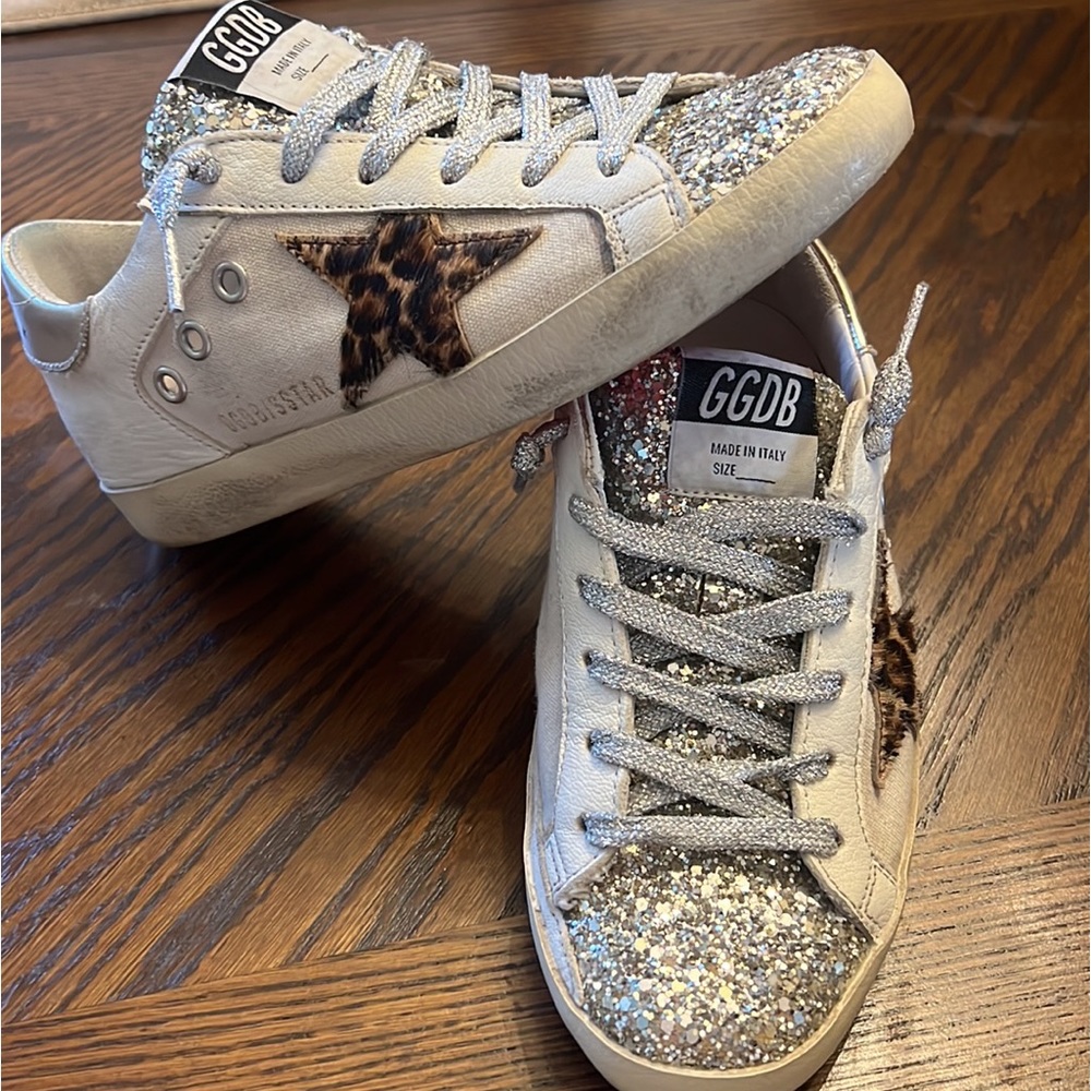 Authentic golden goose sneakers glitter tongue with leopard star & pink bottoms